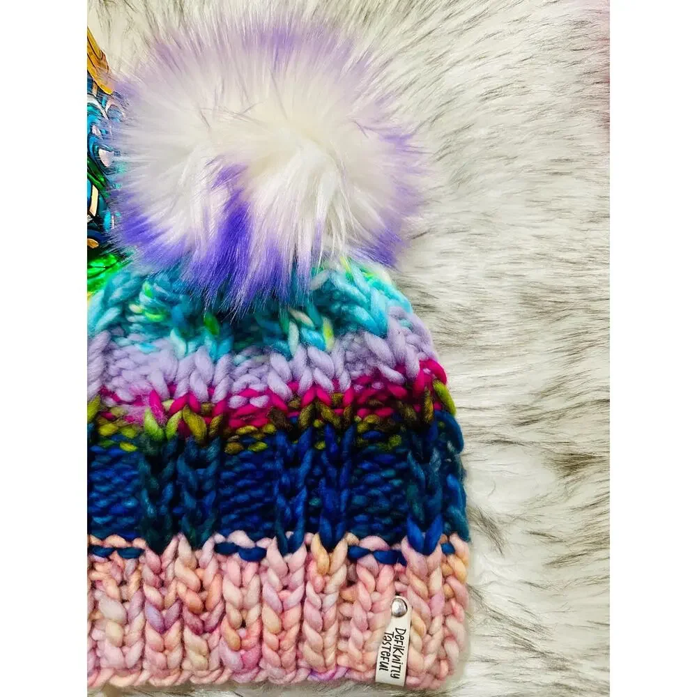 Handmade Neon Merino Wool Beanie: Colorful Winter Hat with Faux Fur Pom
